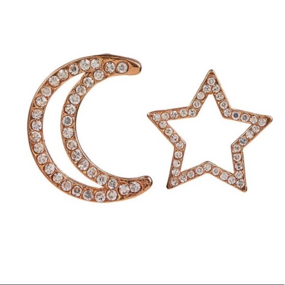 Jewelry - “PRICE DROP”Moon & Star Crystal Studded Gold Earrings
